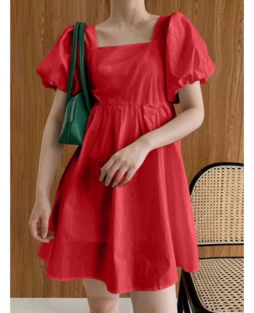 Puff Sleeve Square Collar Solid Short Princess Cas...
