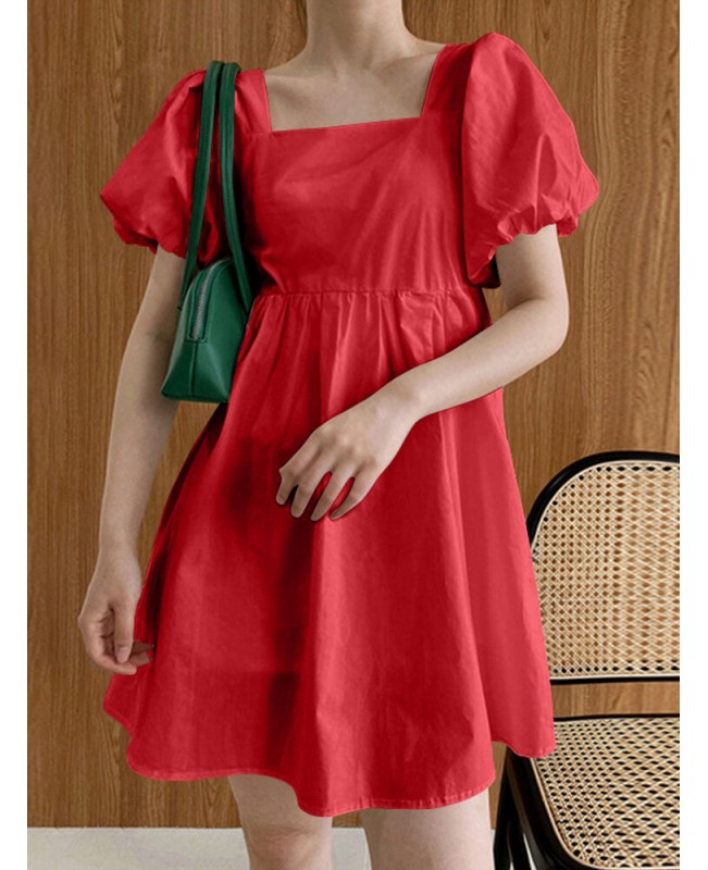 Puff Sleeve Square Collar Solid Short Princess Casual Dress For Women - White S