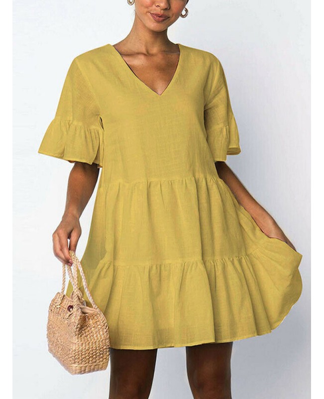 Women Cotton V-neck Ruffle Sleeve Holiday Loose Solid Color Mini Dress - White 5XL