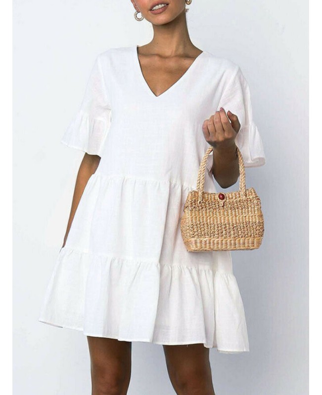 Women Cotton V-neck Ruffle Sleeve Holiday Loose Solid Color Mini Dress - White 5XL