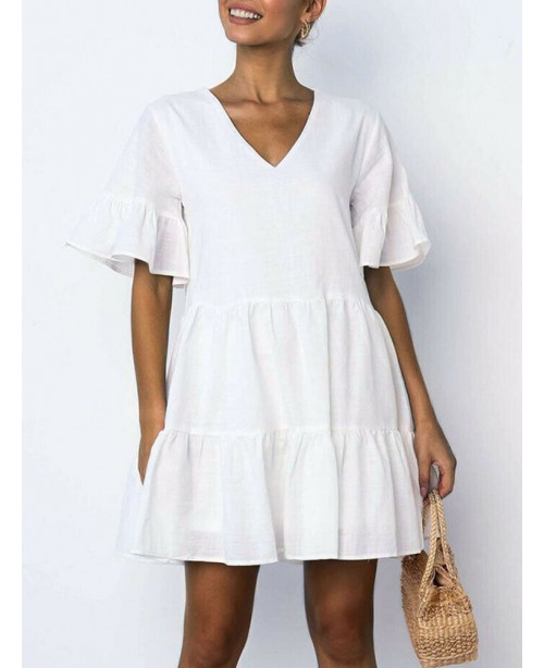 Women Cotton V-neck Ruffle Sleeve Holiday Loose So...