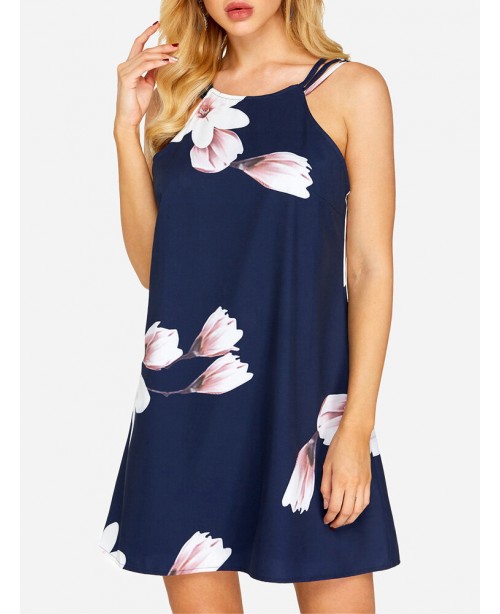 Floral Print Sleeveless Backless Holiday Mini Dres...