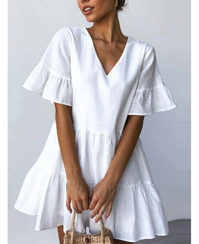Women Cotton V-neck Ruffle Sleeve Holiday Loose Solid Color Mini Dress - White 5XL