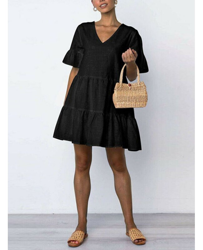 Women Cotton V-neck Ruffle Sleeve Holiday Loose Solid Color Mini Dress - White 5XL