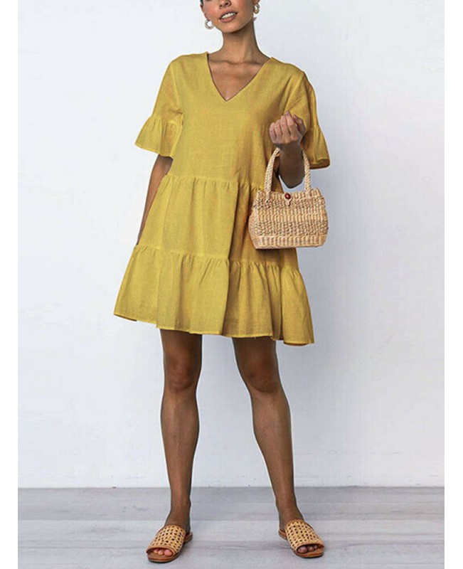 Women Cotton V-neck Ruffle Sleeve Holiday Loose Solid Color Mini Dress - White 5XL