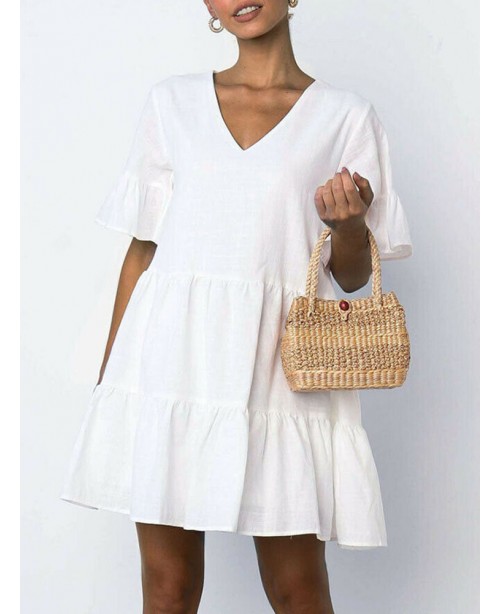 Women Cotton V-neck Ruffle Sleeve Holiday Loose So...