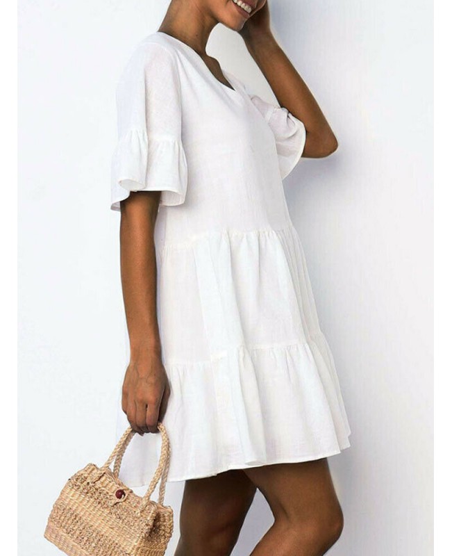 Women Cotton V-neck Ruffle Sleeve Holiday Loose Solid Color Mini Dress - White 5XL