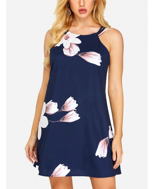 Floral Print Sleeveless Backless Holiday Mini Dres...