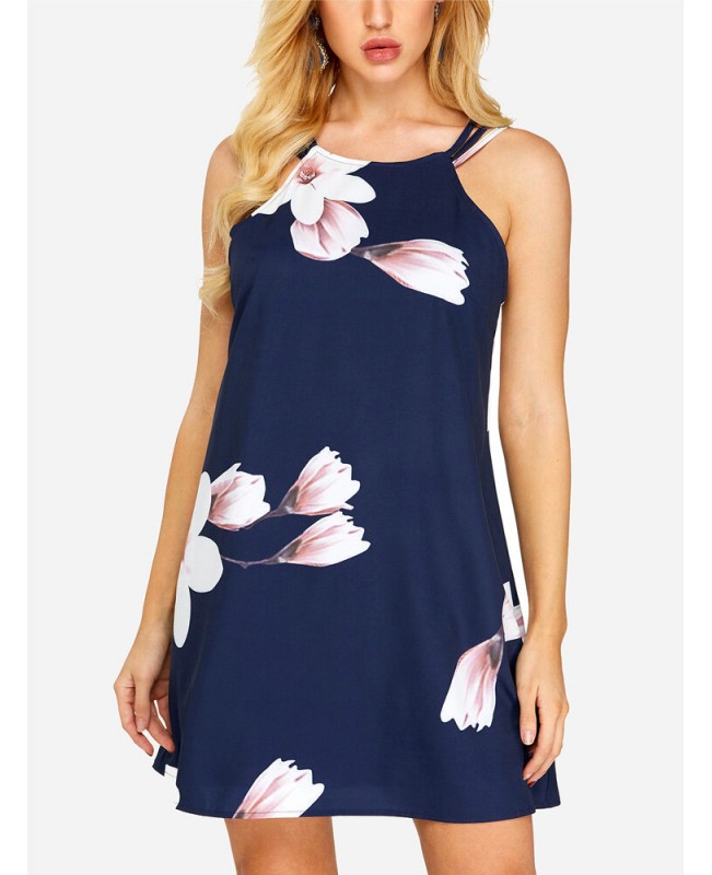 Floral Print Sleeveless Backless Holiday Mini Dress - Navy XS