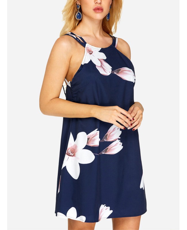 Floral Print Sleeveless Backless Holiday Mini Dress - Navy XS