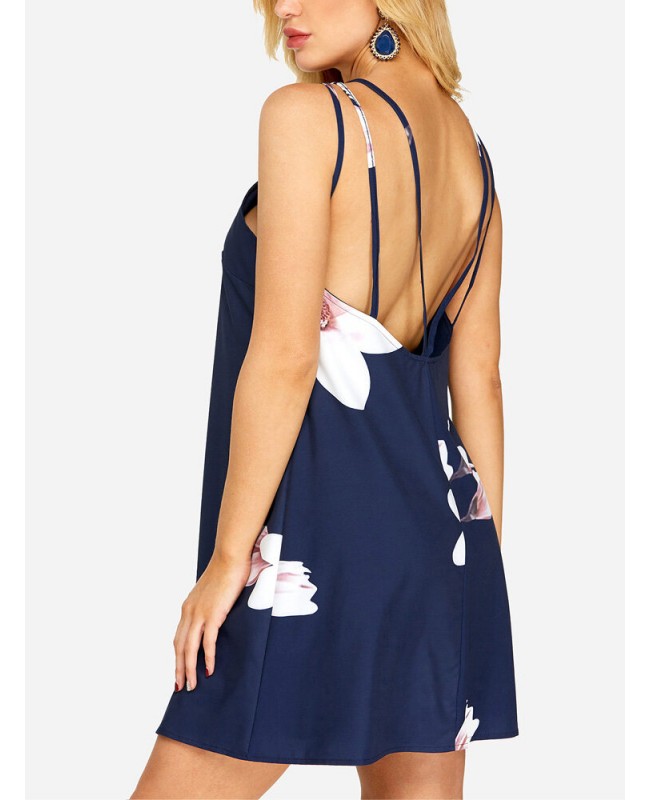Floral Print Sleeveless Backless Holiday Mini Dress - Navy XS