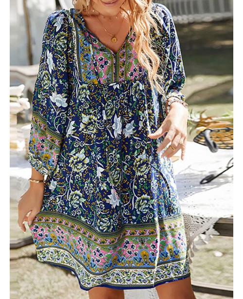 Bohemian Floral Print V-neck Dress For Women - Pin...