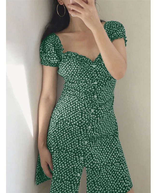 Women Floral Print Ruffles Trim Button Short Sleeve Elegant Mini Dress - Black S