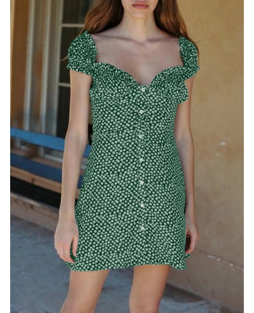 Women Floral Print Ruffles Trim Button Short Sleev...