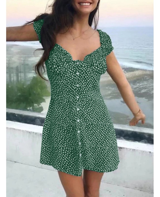 Women Floral Print Ruffles Trim Button Short Sleeve Elegant Mini Dress - Black S