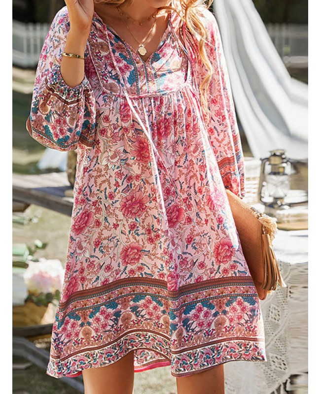 Bohemian Floral Print V-neck Dress For Women - Pink S