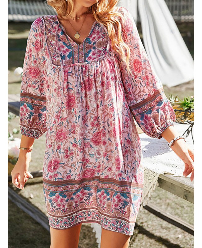 Bohemian Floral Print V-neck Dress For Women - Pink S