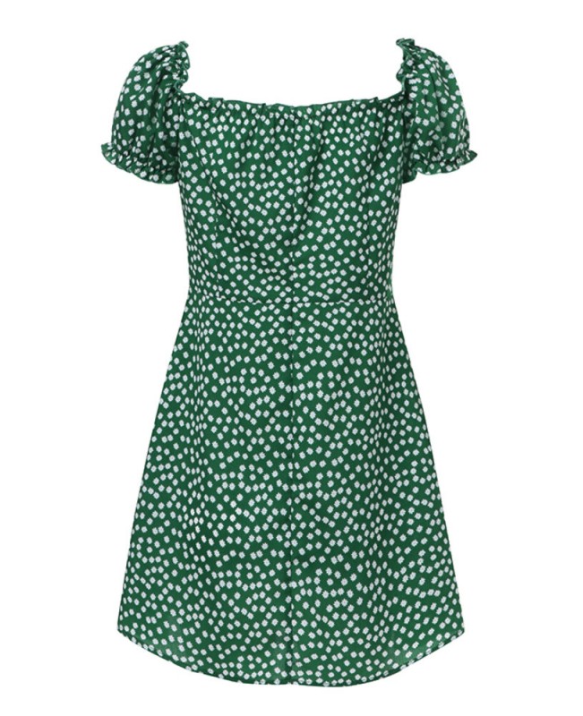 Women Floral Print Ruffles Trim Button Short Sleeve Elegant Mini Dress - Black S
