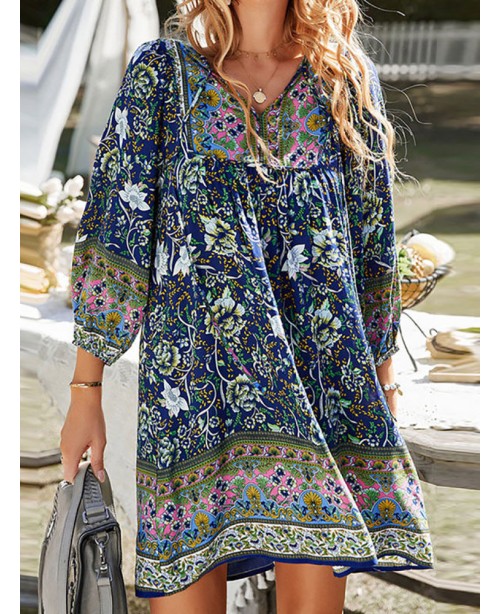 Bohemian Floral Print V-neck Dress For Women - Pin...