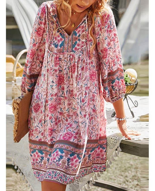 Bohemian Floral Print V-neck Dress For Women - Pink S