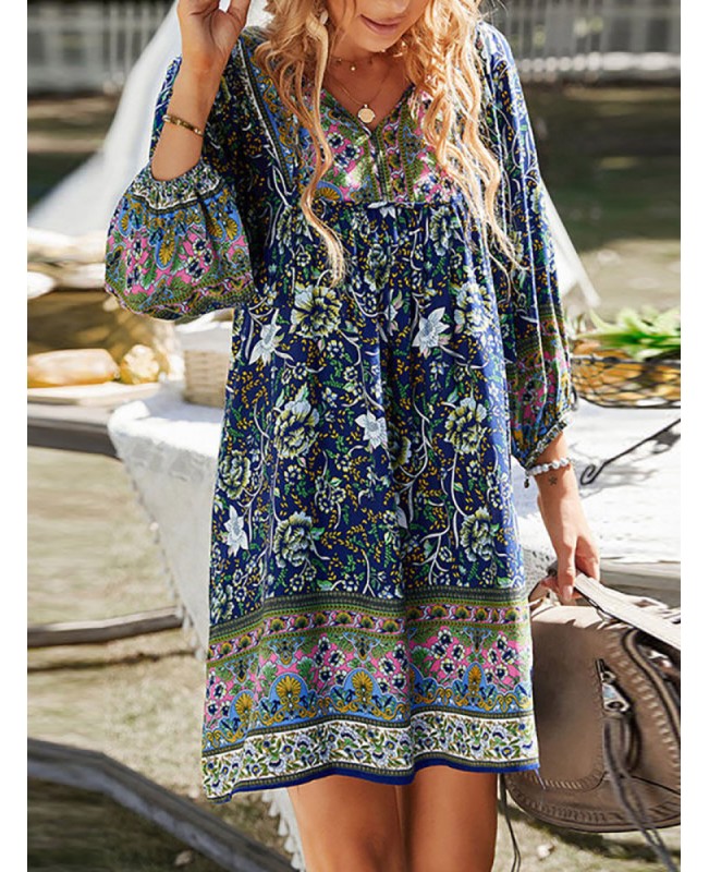 Bohemian Floral Print V-neck Dress For Women - Pink S