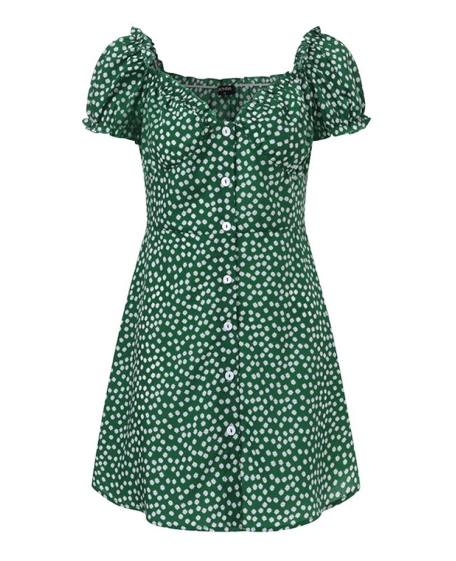 Women Floral Print Ruffles Trim Button Short Sleeve Elegant Mini Dress - Black S
