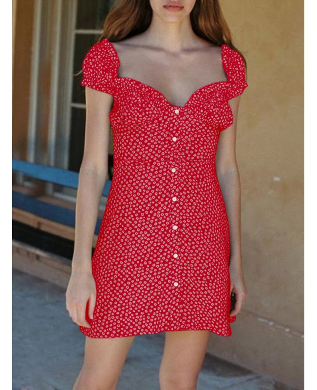 Women Floral Print Ruffles Trim Button Short Sleeve Elegant Mini Dress - Black S