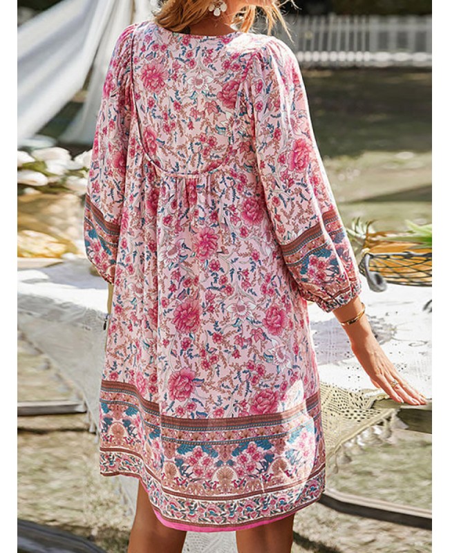 Bohemian Floral Print V-neck Dress For Women - Pink S