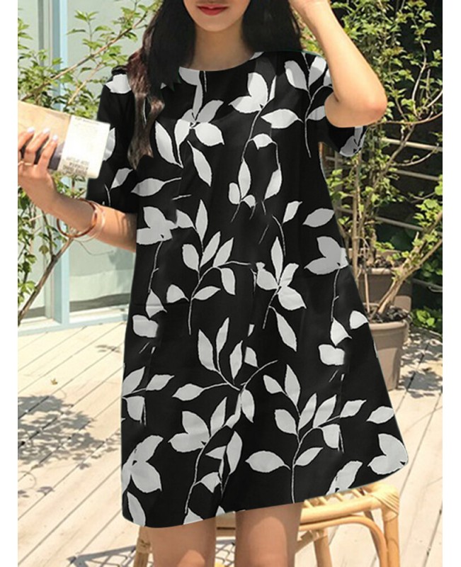 Leaves Print Pocket Crew Neck Short Sleeve Casual Dress - Black S