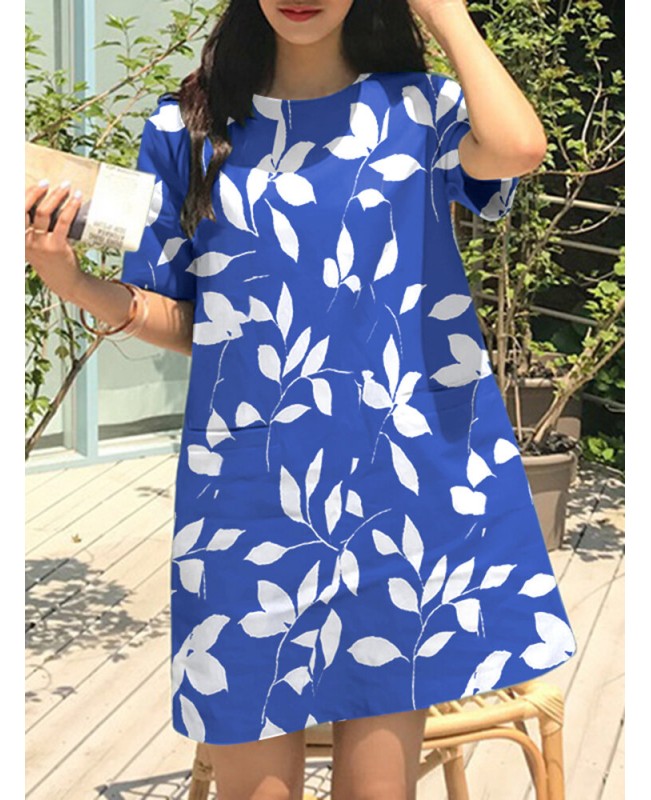 Leaves Print Pocket Crew Neck Short Sleeve Casual Dress - Black S