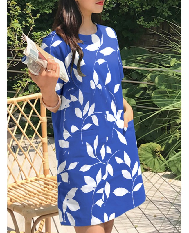 Leaves Print Pocket Crew Neck Short Sleeve Casual Dress - Black S