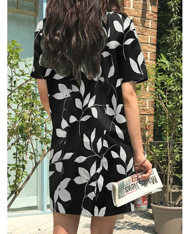 Leaves Print Pocket Crew Neck Short Sleeve Casual Dress - Black S
