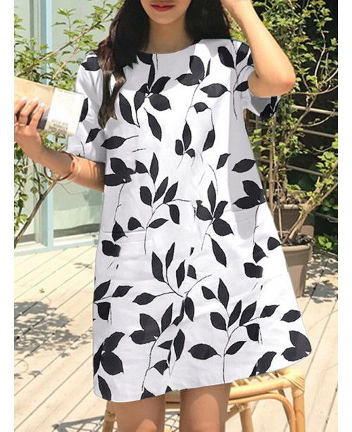 Leaves Print Pocket Crew Neck Short Sleeve Casual ...