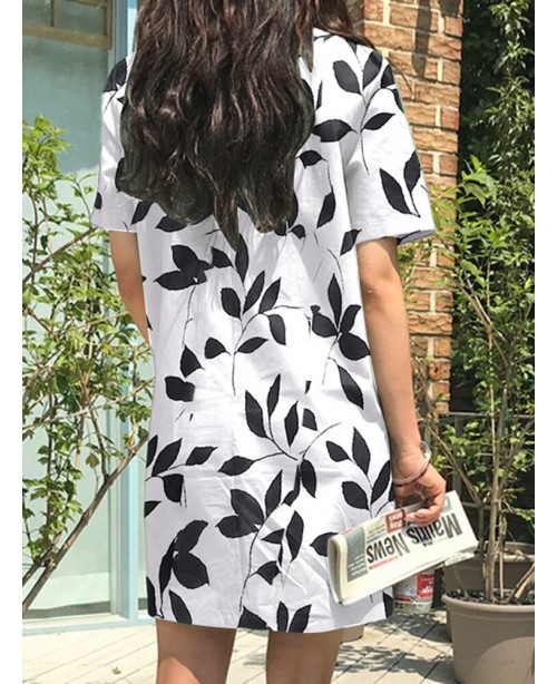 Leaves Print Pocket Crew Neck Short Sleeve Casual ...