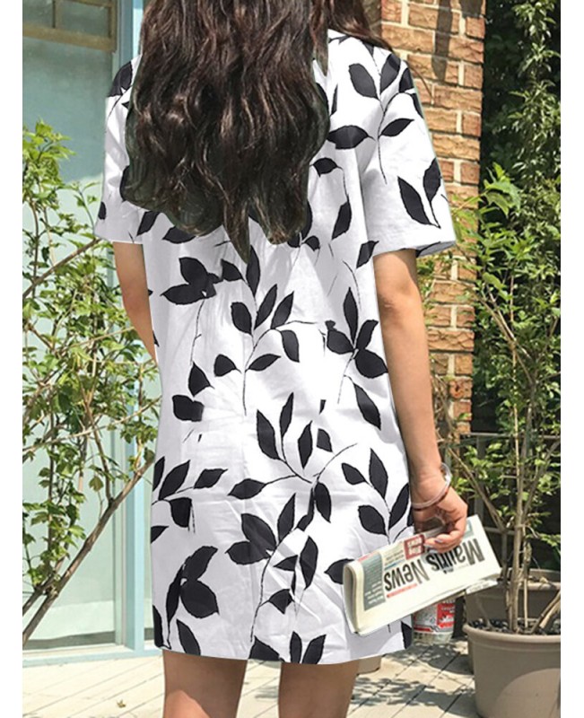 Leaves Print Pocket Crew Neck Short Sleeve Casual Dress - Black S