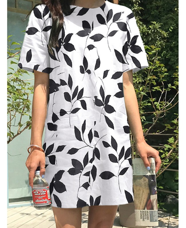 Leaves Print Pocket Crew Neck Short Sleeve Casual Dress - Black S