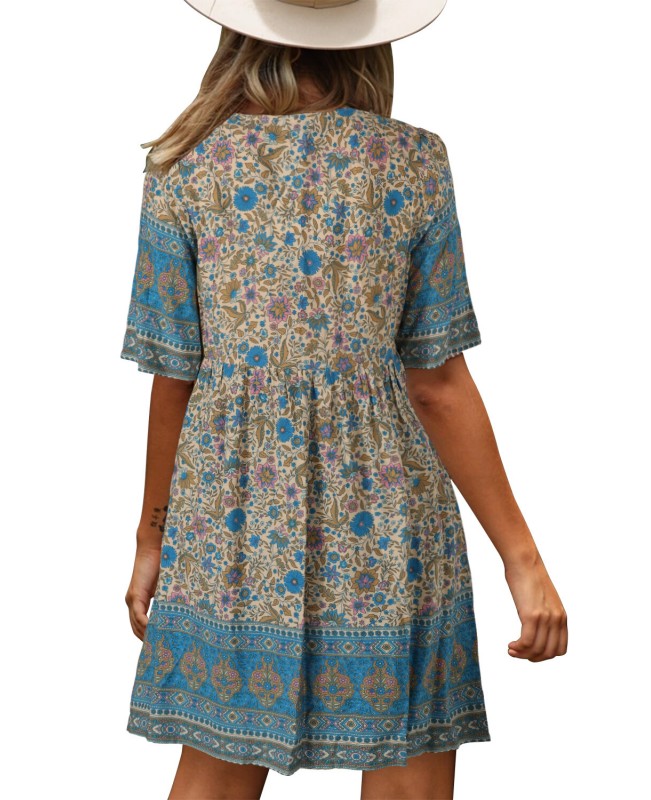 Bohemian Floral Print V-neck Short Sleeve Mini Dress - Yellow S
