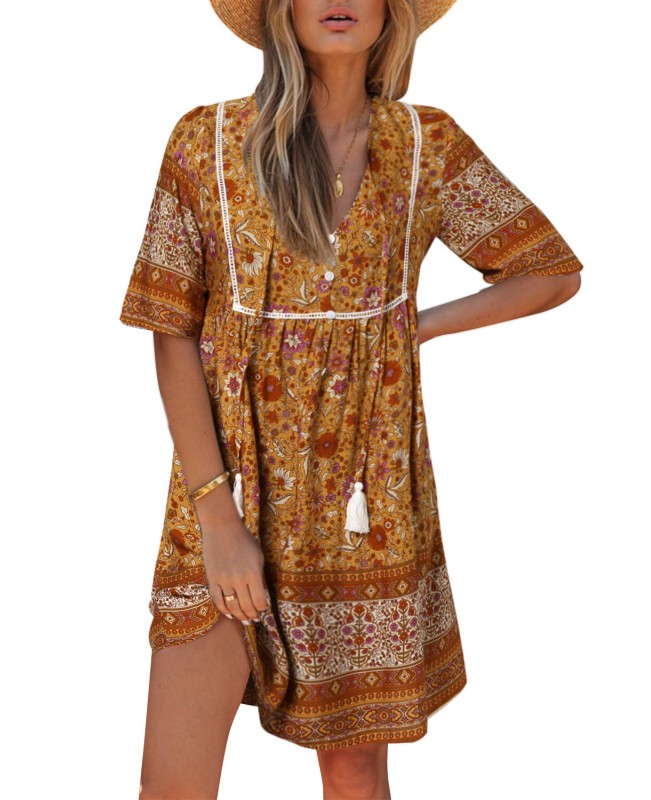 Bohemian Floral Print V-neck Short Sleeve Mini Dress - Yellow S