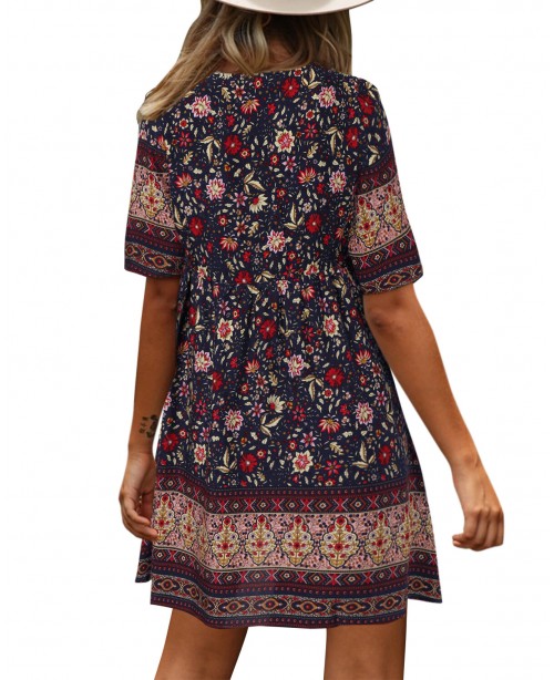 Bohemian Floral Print V-neck Short Sleeve Mini Dre...