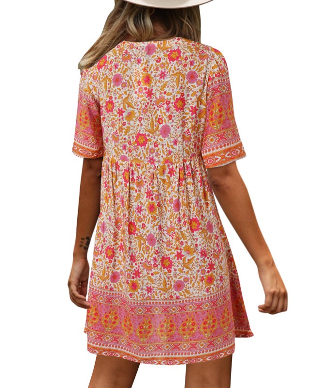 Bohemian Floral Print V-neck Short Sleeve Mini Dress - Yellow S