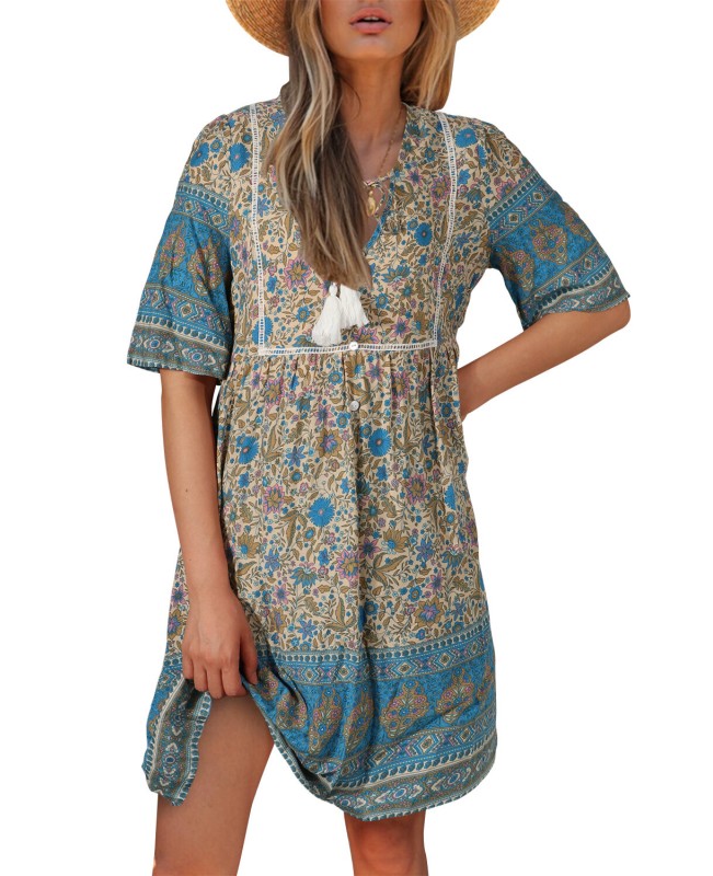 Bohemian Floral Print V-neck Short Sleeve Mini Dress - Yellow S