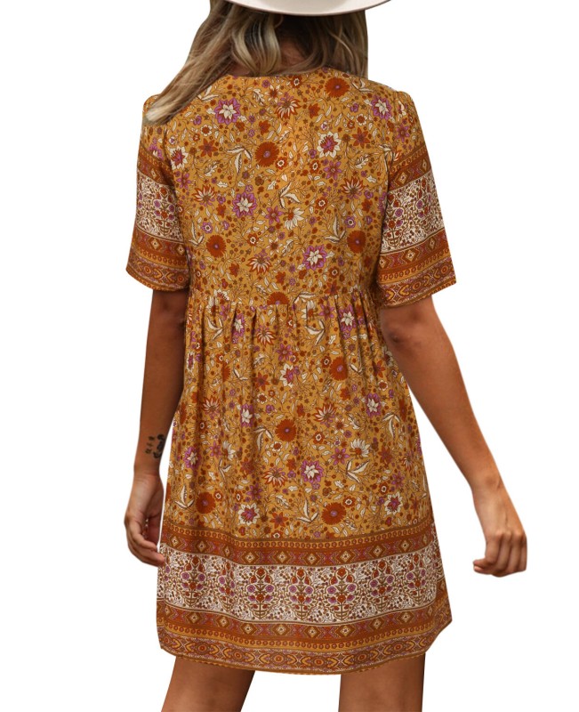 Bohemian Floral Print V-neck Short Sleeve Mini Dress - Yellow S