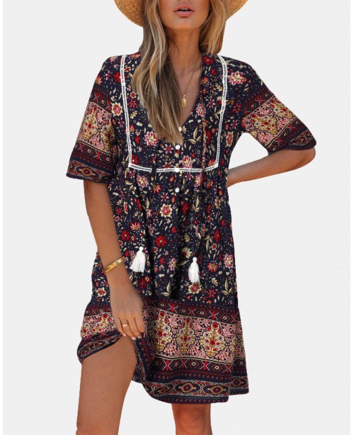 Bohemian Floral Print V-neck Short Sleeve Mini Dre...
