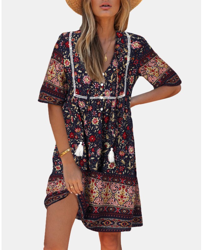 Bohemian Floral Print V-neck Short Sleeve Mini Dress - Yellow S