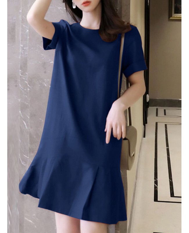 Solid Ruffle Hem Pocket Short Sleeve Crew Neck Casual Dress - Navy S
