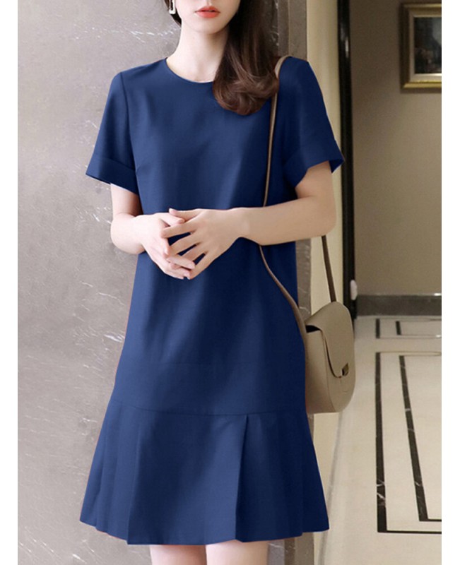 Solid Ruffle Hem Pocket Short Sleeve Crew Neck Casual Dress - Navy S