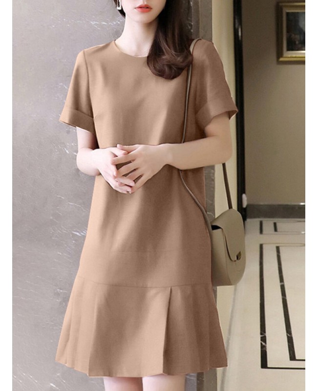 Solid Ruffle Hem Pocket Short Sleeve Crew Neck Casual Dress - Navy S