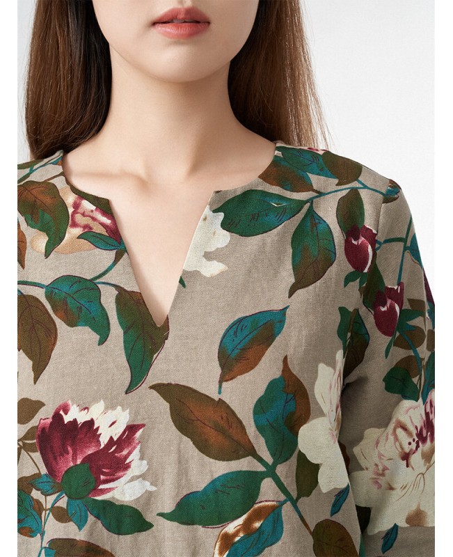 Allover Flower Leaves Print V-neck 3/4 Sleeve Dress - Khaki M