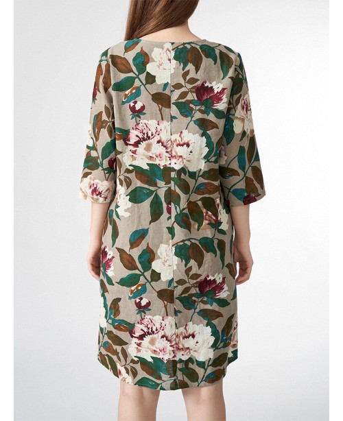 Allover Flower Leaves Print V-neck 3/4 Sleeve Dres...