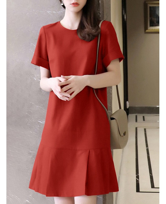 Solid Ruffle Hem Pocket Short Sleeve Crew Neck Casual Dress - Navy S
